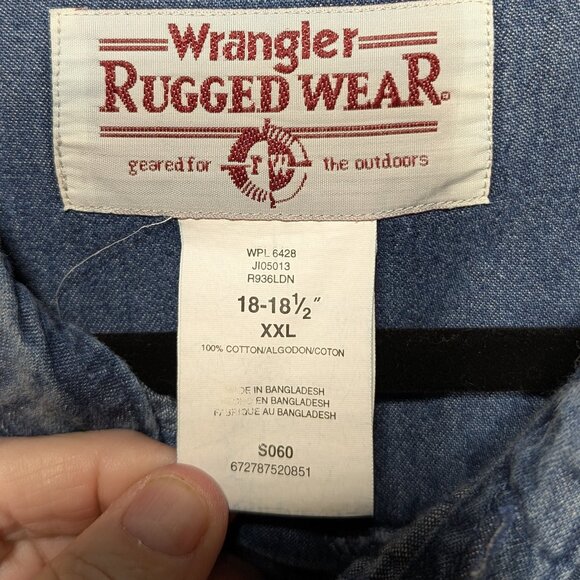 Wrangler Rugged Wear Blue Denim Shirt with Brown Details Size XXL 18-18.5 - Picture 7 of 9